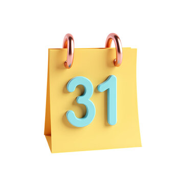 A yellow calendar with the number thirty one in light blue hue isolated on transparent background