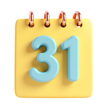 A yellow calendar with the number thirty one in light blue on it isolated on transparent background