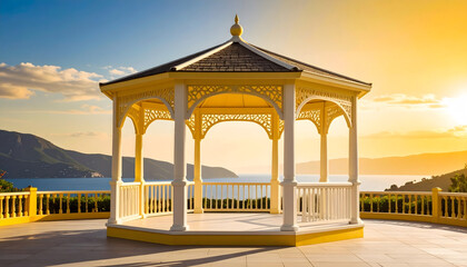 Poster - Serene Seaside Gazebo at Sunset
