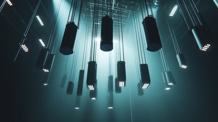 Poster - An artistic view of multiple  hanging from a ceiling in a studio or venue, with their sleek shapes and cables creating a visually interesting pattern.