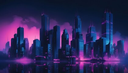 Poster - A futuristic cityscape with tall buildings illuminated in neon purple and blue lighting at nighttime