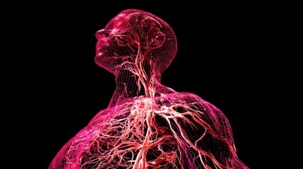 Aufkleber - Stylized Wireframe of a Human Body With Highlighted Nervous System Displayed in Vivid Colors Against a Black Background