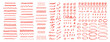 © Vodoleyka - Crayon marks set, red pencil drawings. Doodle chalk punctuation, symbols, underlines, strikethroughs, arrows, check marks, dots and ellipses. Hand drawn line symbols. Vector illustration on white bg