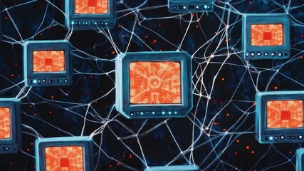 Poster - Network of vintage monitors illustrating connections and technology in a digital age