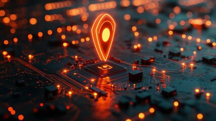 Poster - digital map pin glowing over a circuit board with numerous light points during nighttime