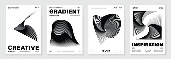 Aufkleber - Abstract monochrome poster background vector set. Modern cover template with black and white perspective geometric prism shape, line. Ideal design for social media, banner, ads.