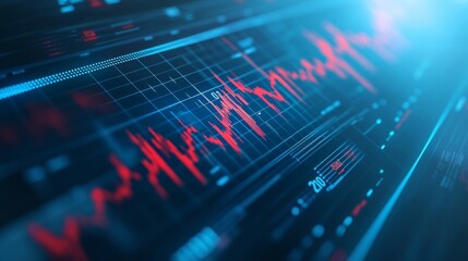 Poster - A close-up of a stock chart with a focus on significant peaks and troughs, with financial data and technical indicators displayed in a clean, modern workspace.