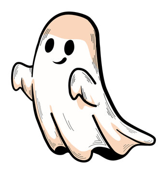 The ghost has large, oval black eyes and a small, friendly curved smile, creating a cute and approachable character rather than a scary one.