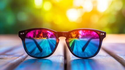 Poster - A close-up of sunglasses with a polarized lens showcasing vibrant colors, placed against a soft-focus background of a sunny outdoor setting.
