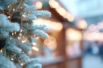 Wall Mural - close-up of festive details at christmas market focusing on twinkling lights or decor with ample cop