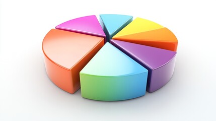 Poster - A colorful D pie chart with segmented sections in vibrant shades, each piece slightly raised, casting soft shadows on a white background