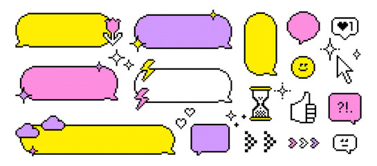 Poster - Set of color dialog box on white. Pixel art empty speech bubbles. Chat balloon for text message, retro game interface, social media, old-school digital design. 8 bit pixelated isolated vector elements