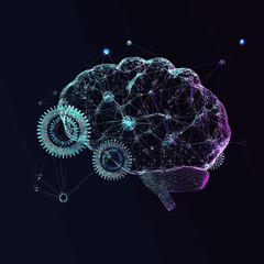 Poster - 3d digital wireframe brain with interconnected network nodes and glowing gears symbolizing artificial intelligence and machine learning concept on dark background