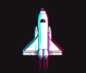 Poster - Glitch style white space shuttle with anaglyph 3D effect launching against dark background flat minimal vector illustration digital cosmos concept