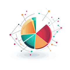 Poster - 3D colorful segmented pie chart with abstract connected dots and lines representing business data analysis and statistics visualization concept vector illustration