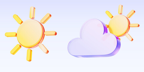 3d weather meteo icons, sun shining, holographic glass morphism cloud. Clear sunny day and cloudy with clearing. Climate forecast elements for app or web design, isolated render set. 3D illustration