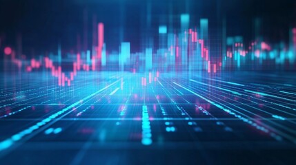 Poster - A digital interface with a large financial chart in the center, showing rising data lines and market trends, illuminated by soft blue lighting.