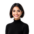 © PNG world - Portrait of a smiling young woman with short dark hair wearing a black turtleneck sweater against black