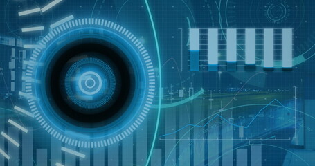 Poster - Displaying concentric circle HUD rotating over blue grid, with small radial gauges, copy space