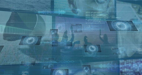 Poster - Celebrating team raising arms at virtual data hub, holographic screens showing charts and code
