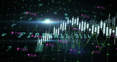 Poster - Displaying white candlesticks and green line graph with pink arrows in dark virtual interface