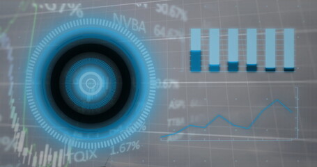 Poster - Showing circular HUD overlaying dashboard grid with bar chart line graph percent labels copy space