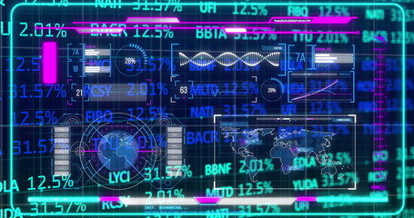 Fototapete - Displaying holographic data on virtual interface, with maps charts waveforms percentages