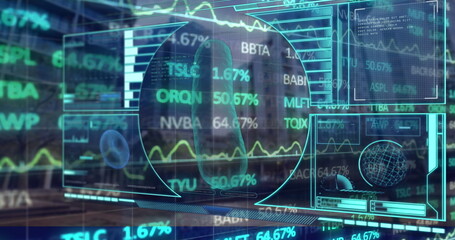 Poster - Holographic interface spanning control room, displaying molecular structure, globe, stock tickers