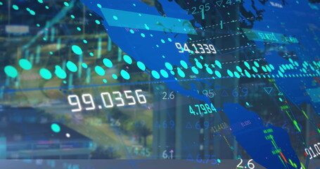 Poster - Displaying dashboard overlay at urban street, with turquoise tickers, arrow indicators and map