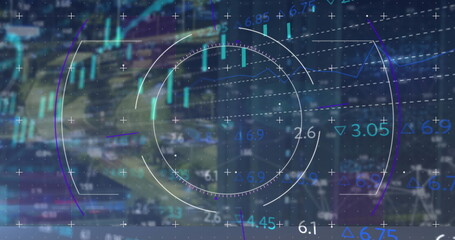 Poster - Displaying radial HUD overlaying trading screen, with candlesticks, line graphs and numeric labels