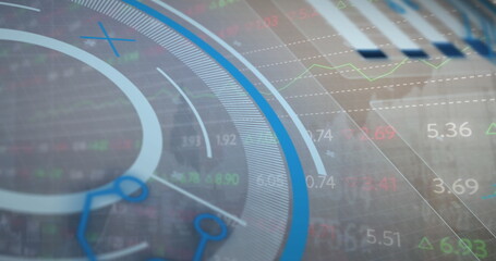 Poster - Displaying circular gauge with floating numerical tickers and line graphs on interface, copy space