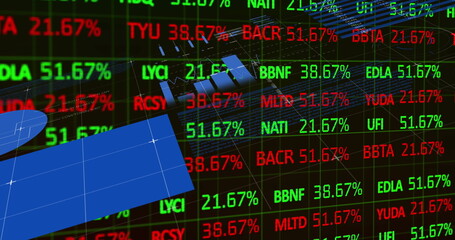 Poster - Displaying digital grid on dark dashboard, with green and red tickers and floating blue panels