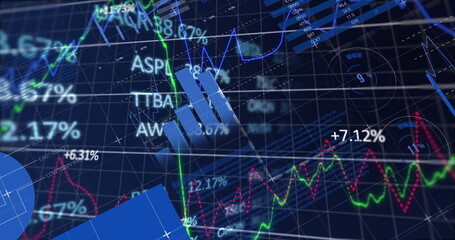 Poster - Showing translucent blue 3D bar chart tracking data on trading dashboard with green red line graphs