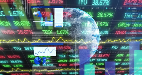 Poster - Showing digital globe mapping data on trading dashboard, with ticker symbols, charts and waveforms