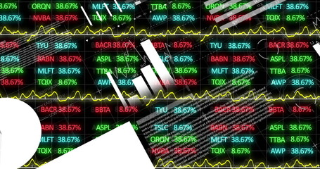 Poster - Visualizing financial data on grid showing colored ticker symbols, % values, yellow trend line
