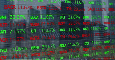 Poster - Displaying digital stock ticker overlaying financial district skyline, with reflective glass facade