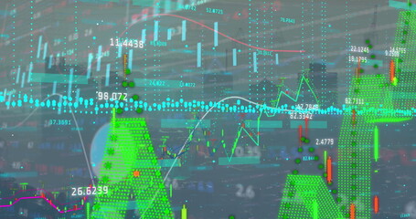 Poster - Displaying financial data over trading floor, with multicolor candlesticks, graphs and data points