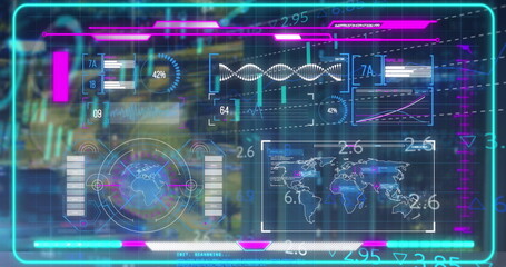 Poster - Displaying holographic interface showing data in data lab with world map, globe scan and DNA helix