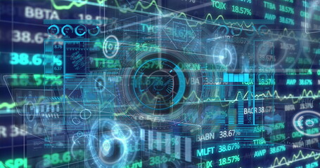 Poster - Projecting financial dashboard floating in trading hub, showing gauge dials and translucent windows