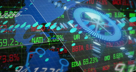 Poster - Displaying circular gauge and gear icon glowing in trading interface, with scrolling stock tickers