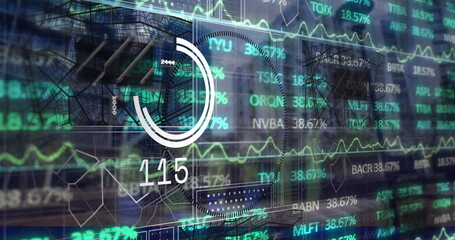 Poster - Showing dashboard offering financial data in office, with gauge 115, graphs and ticker percentages