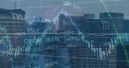 Poster - Displaying faint candlestick chart overlay over urban skyline, with graphs, percentages and tickers