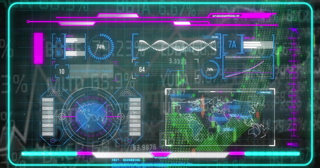 Fototapete - Displaying holographic UI panel showing charts at console, with world map gauge and waveform graph