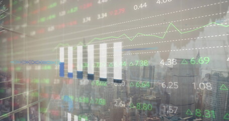 Poster - Showing stock data floating over towers in office window-grid, with bar chart, line graph, tickers
