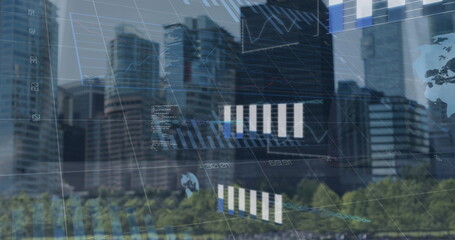Poster - Displaying financial data overlay over skyline with bar and line charts, globe icons and gridlines