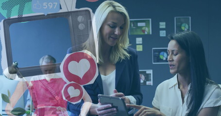 Poster - Collaborating two mature women reviewing tablet in office, with retro TV overlay and social metrics