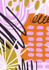 Aufkleber - Modern poster with abstract shapes, hand-drawn doodles, brushstrokes, creative elements pattern. Playful funky card design in trendy style with dots, scribbles texture. Flat vector illustration