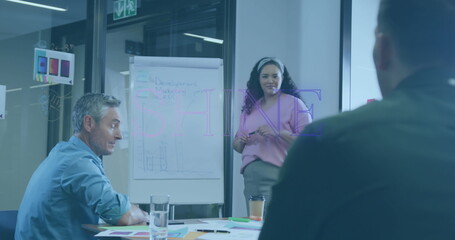 Poster - Presenting mid adult woman by flipchart in meeting room, with sticky notes, papers, coffee cup