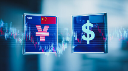 Poster - US Dollar and Chinese Yuan Exchange Rate: Digital illustration of US dollar and Chinese Yuan currency exchange rate, with dynamic stock market charts in the background.