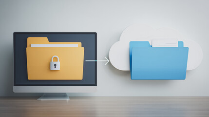 Poster - Data Security in Transition: A digital composition shows the seamless and secure transfer of files between a computer and the cloud, symbolizing data protection and efficient online storage.